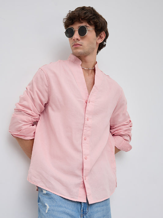 Mist Pink Linen Blend Stand Collar Oversized Shirt
