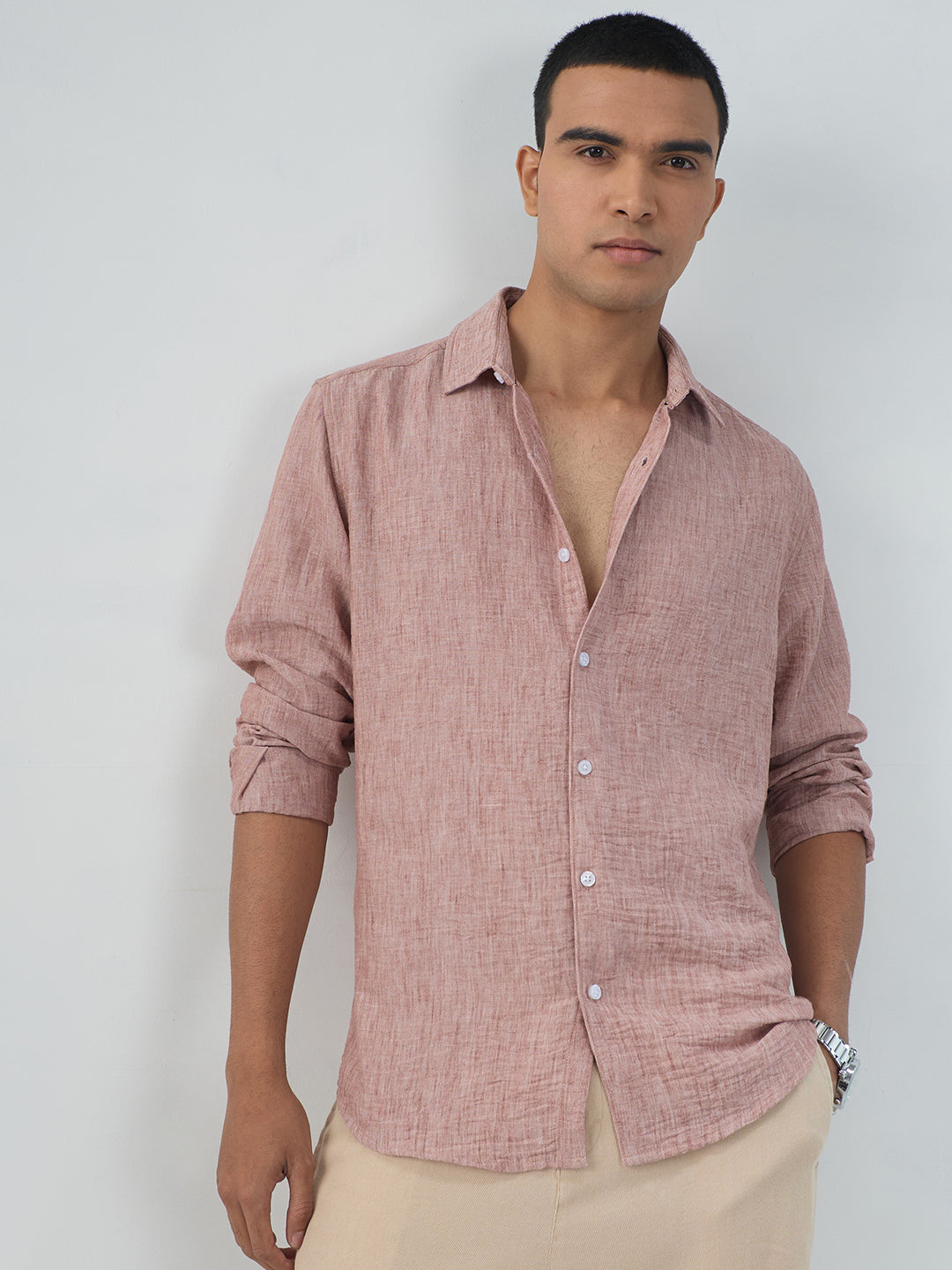 Heathered Taupe Fine-Weave Crinkled Shirt