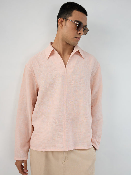 Classic Peach Center Seam Crinkled Oversized Polo Shirt