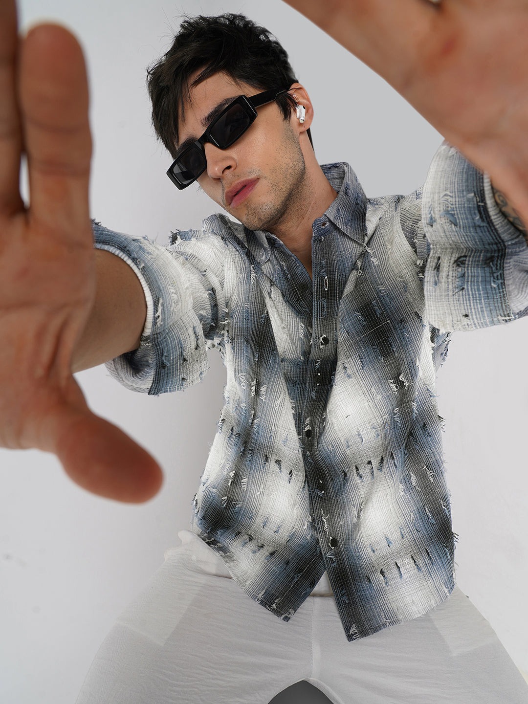 Midnight Blue Frayed Checks Boxy Fit Crop Shirt