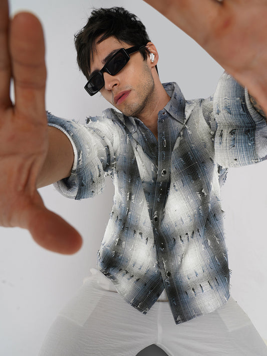 Midnight Blue Frayed Checks Boxy Fit Crop Shirt