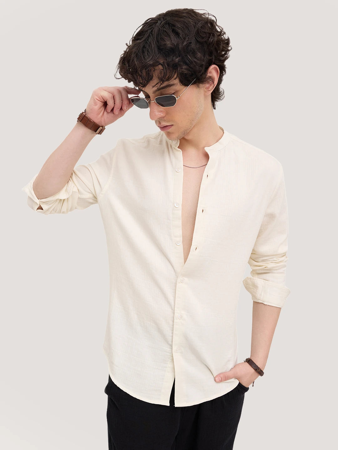 Off White Herringbone Textured Mandarin Shirt