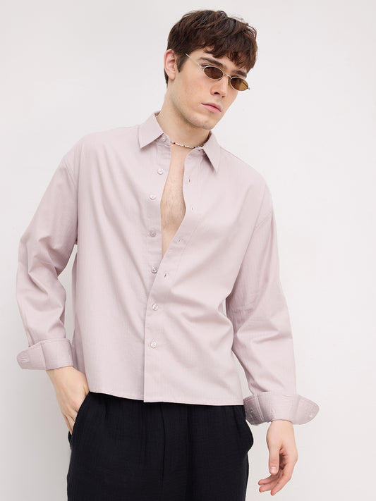 Warm Beige Herringbone Textured Boxy Fit Crop Shirt