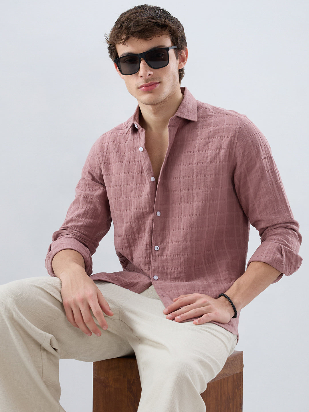 Dusty Peach Box Weave Seersucker Double Cloth Shirt