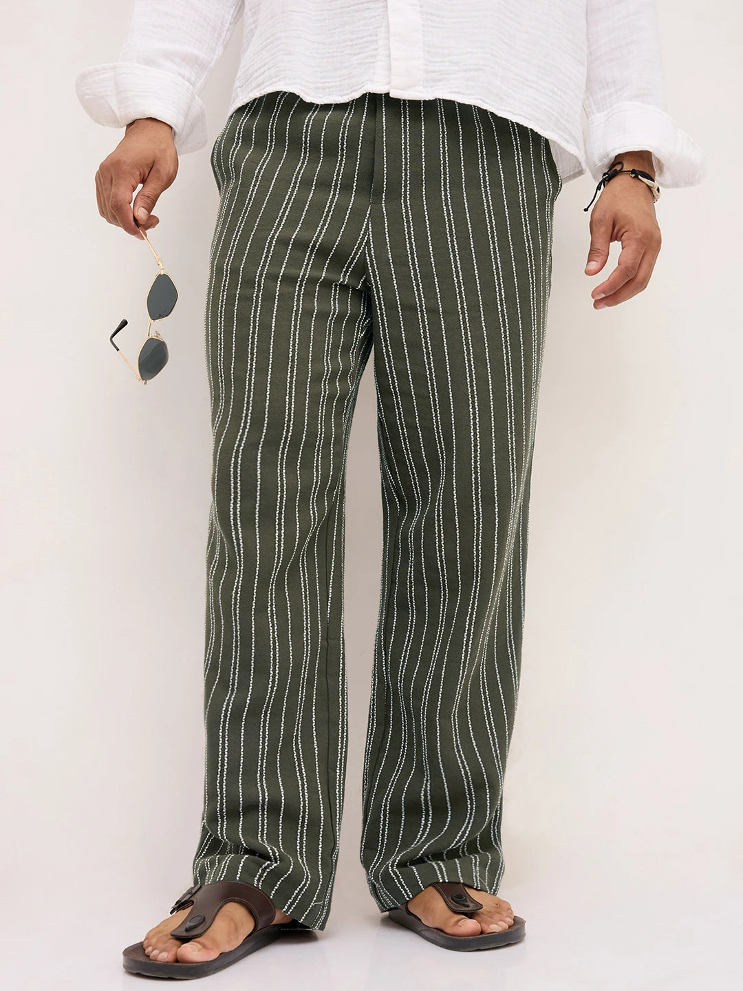 Artistic Olive Crochet Striped Straight Fit Trousers