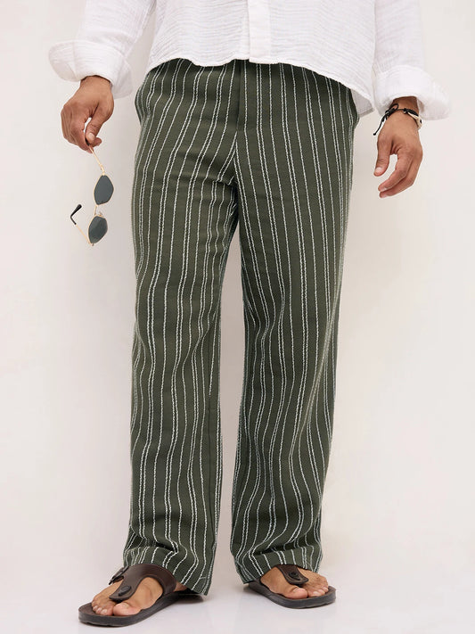 Artistic Olive Crochet Striped Straight Fit Trousers