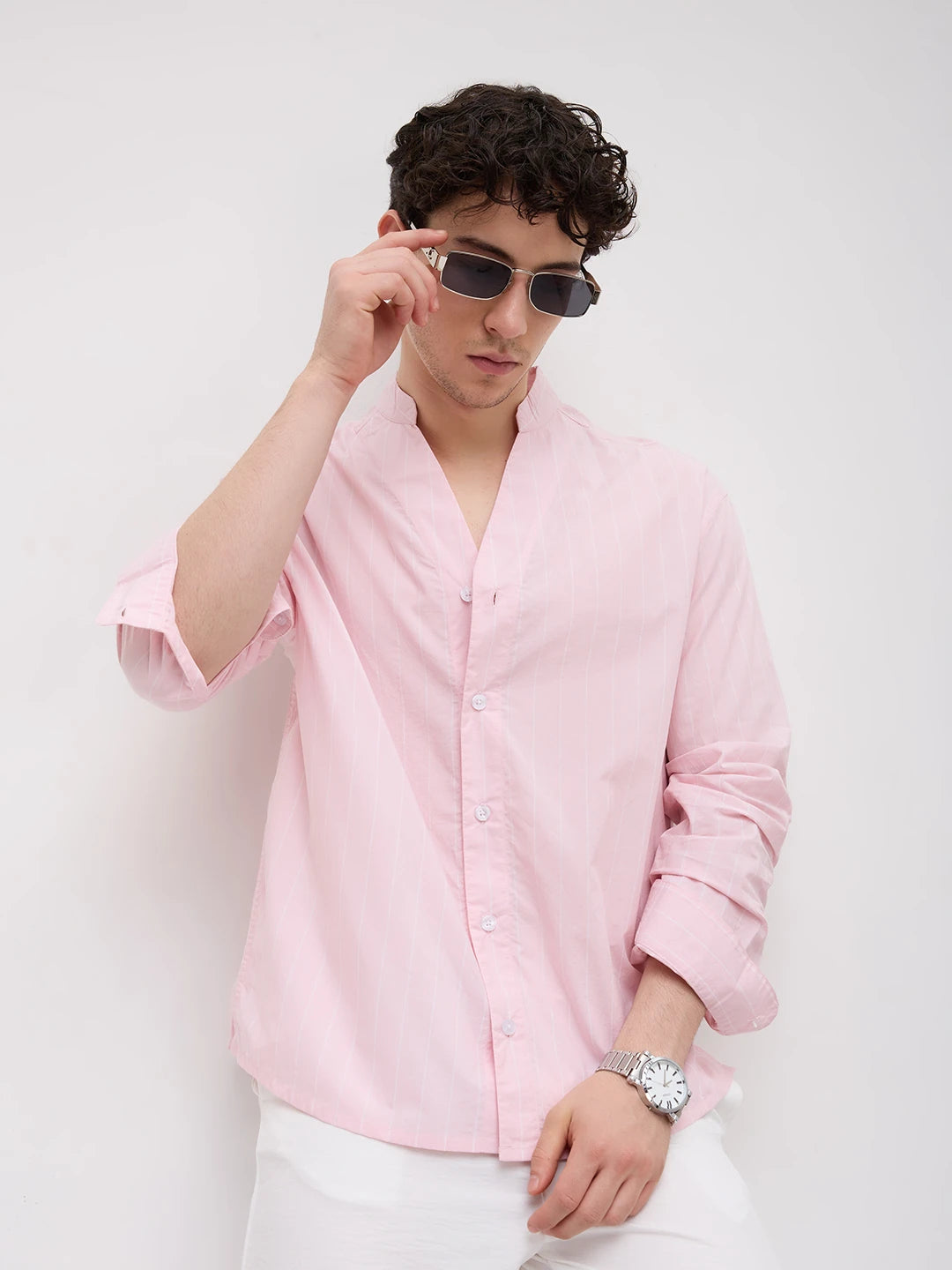 Baby Pink Pinstripe Stand Collar Oversized Shirt