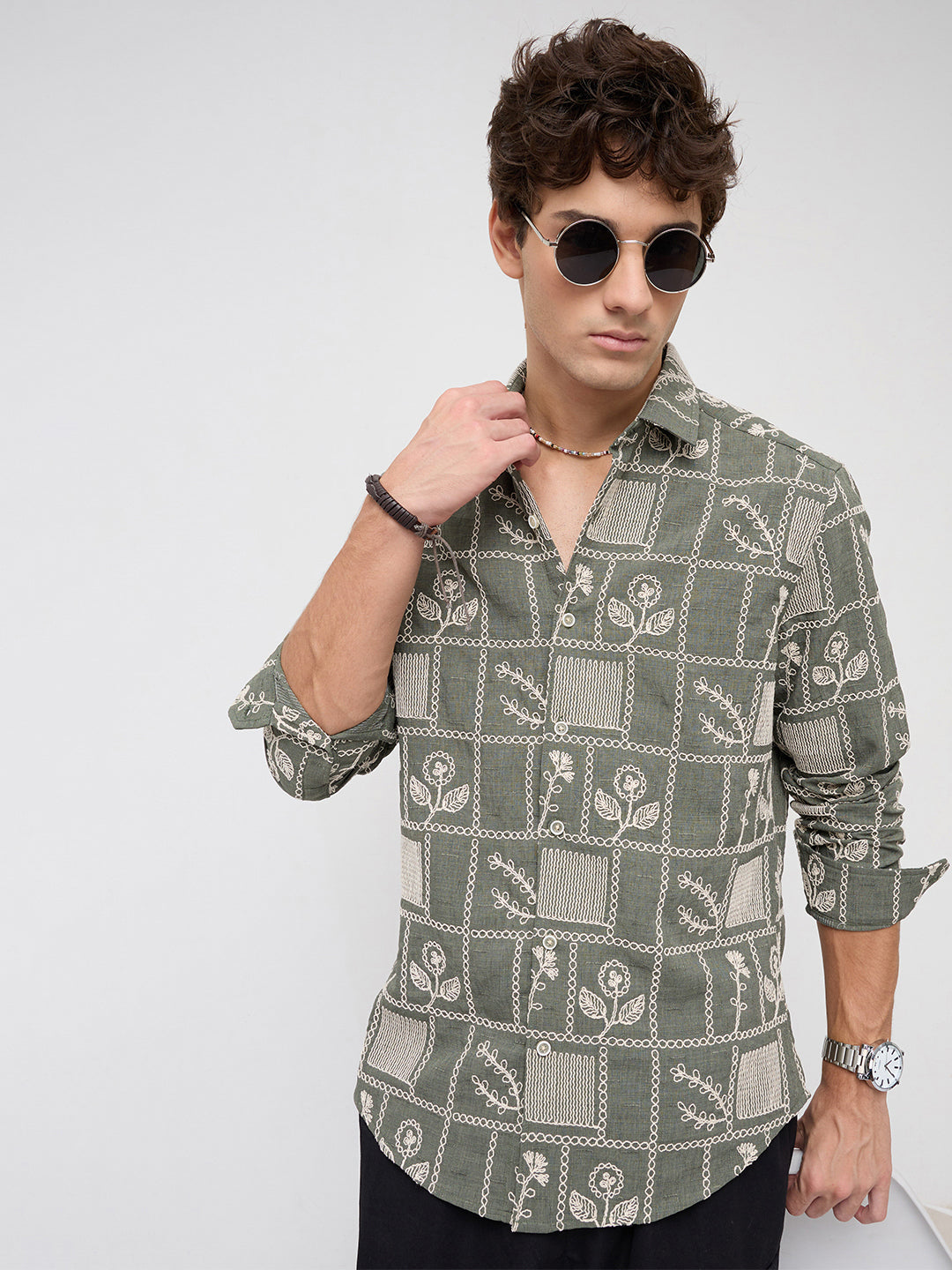 Olive Artisan Frame Embroidered Slub Shirt