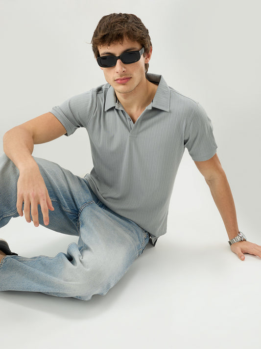 Refined Grey Hairline Striped Polo Knit T-Shirt