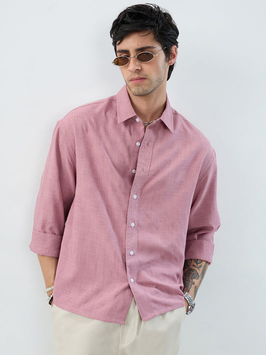 Mauve Pink Soft Grid Textured Boxy Fit Oversized Crop Shirt
