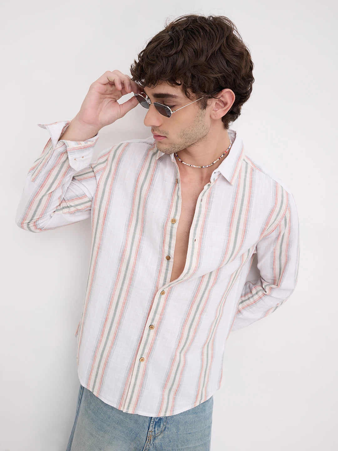 Olive Multi Striped Slub Textured Shirt