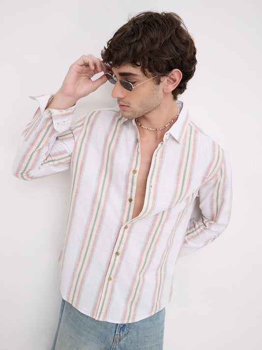 Olive Multi Striped Slub Textured Shirt