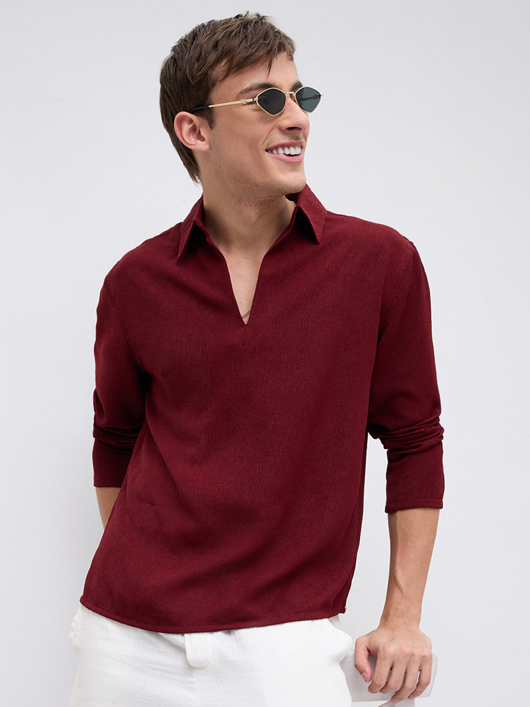 Currant Red Crepe Oversized Polo Shirt