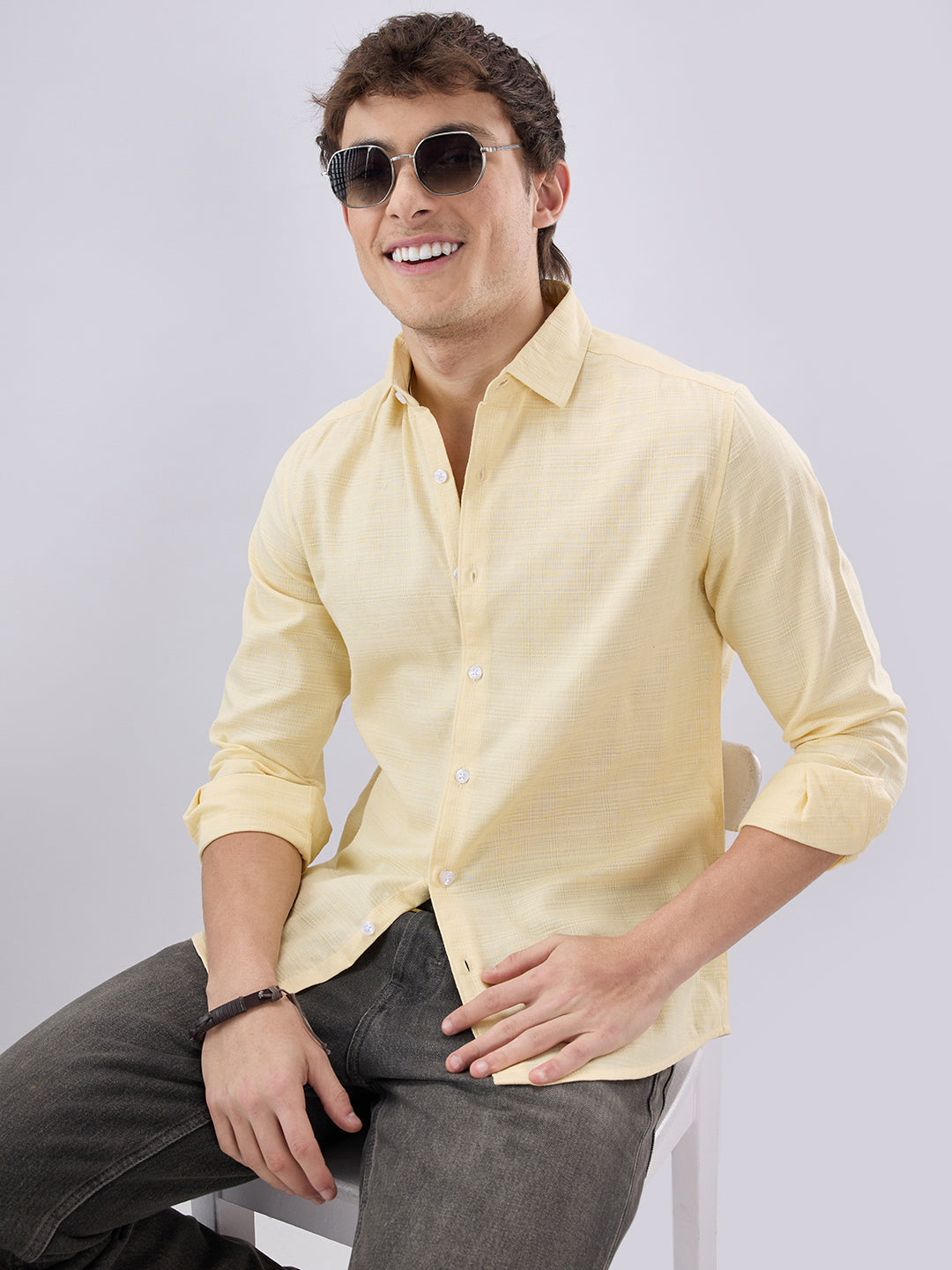 Soft Yellow Grid Textured Everyday Shirt