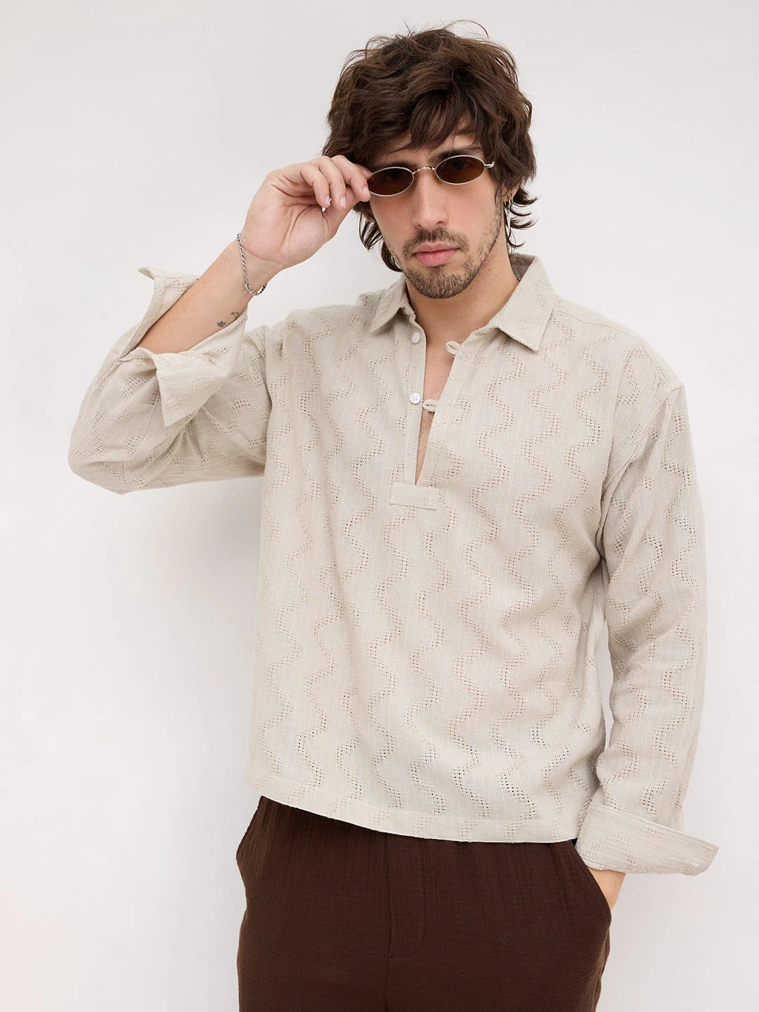 Ash Grey Intricate Crossweave Jacquard Loop Button Oversized Shirt