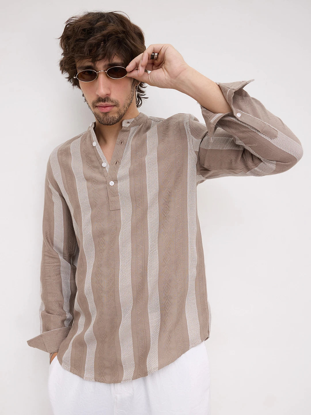 British Khaki Artisan Contrast Loom Striped Kurta