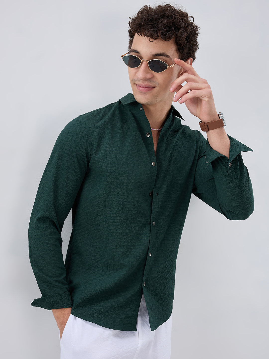 Deep Forest Green Minimal Weave Crinkled Shirt