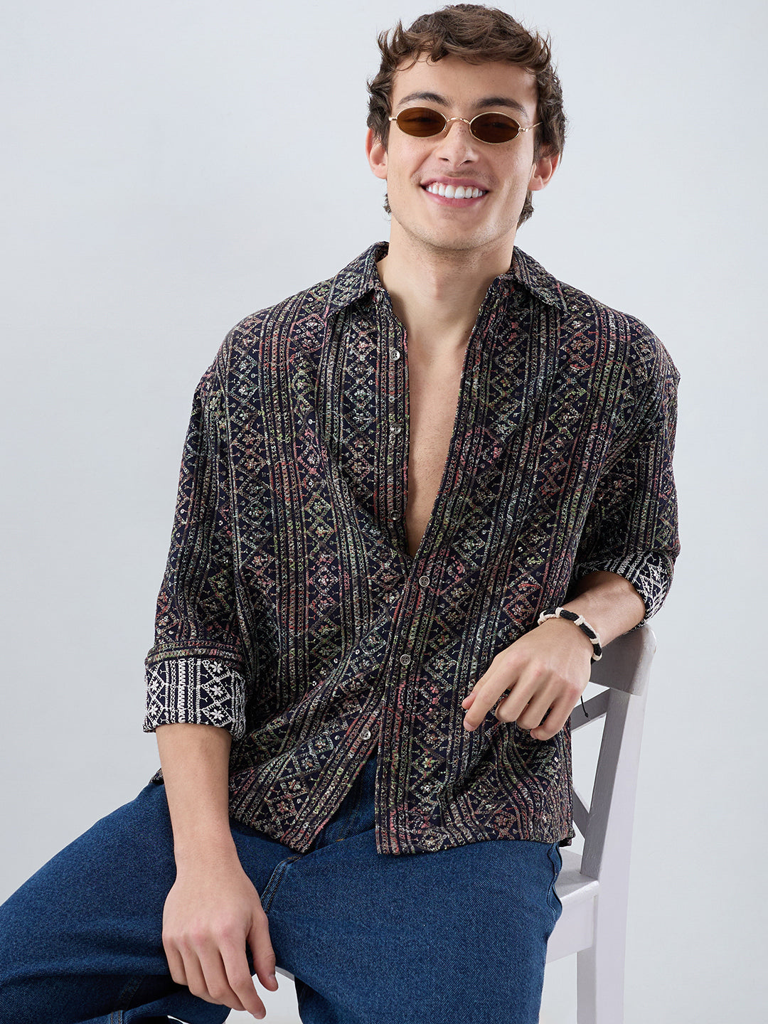 Noor Drop Black Sequin Lozenge Embroidered Boxy Fit Crop Shirt