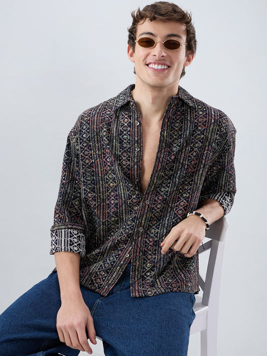 Noor Drop Black Sequin Lozenge Embroidered Boxy Fit Crop Shirt