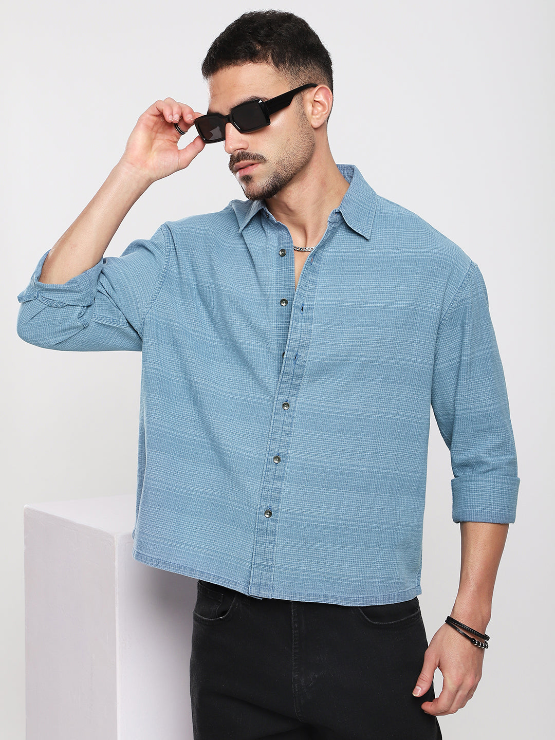 Denim Blue Crosshatch Textured  Boxy Fit Crop Shirt