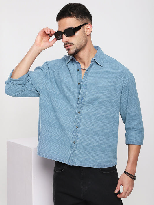 Denim Blue Crosshatch Textured  Boxy Fit Crop Shirt