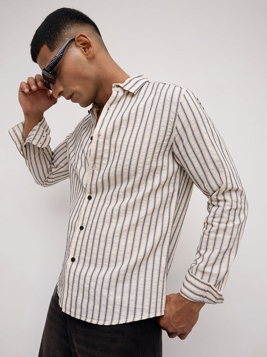 Luxe White & Navy Embroidered Striped Shirt