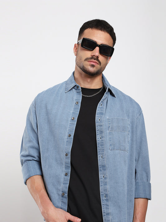 Azure Blue Denim Vertical Stripes Boxy Crop Shirt