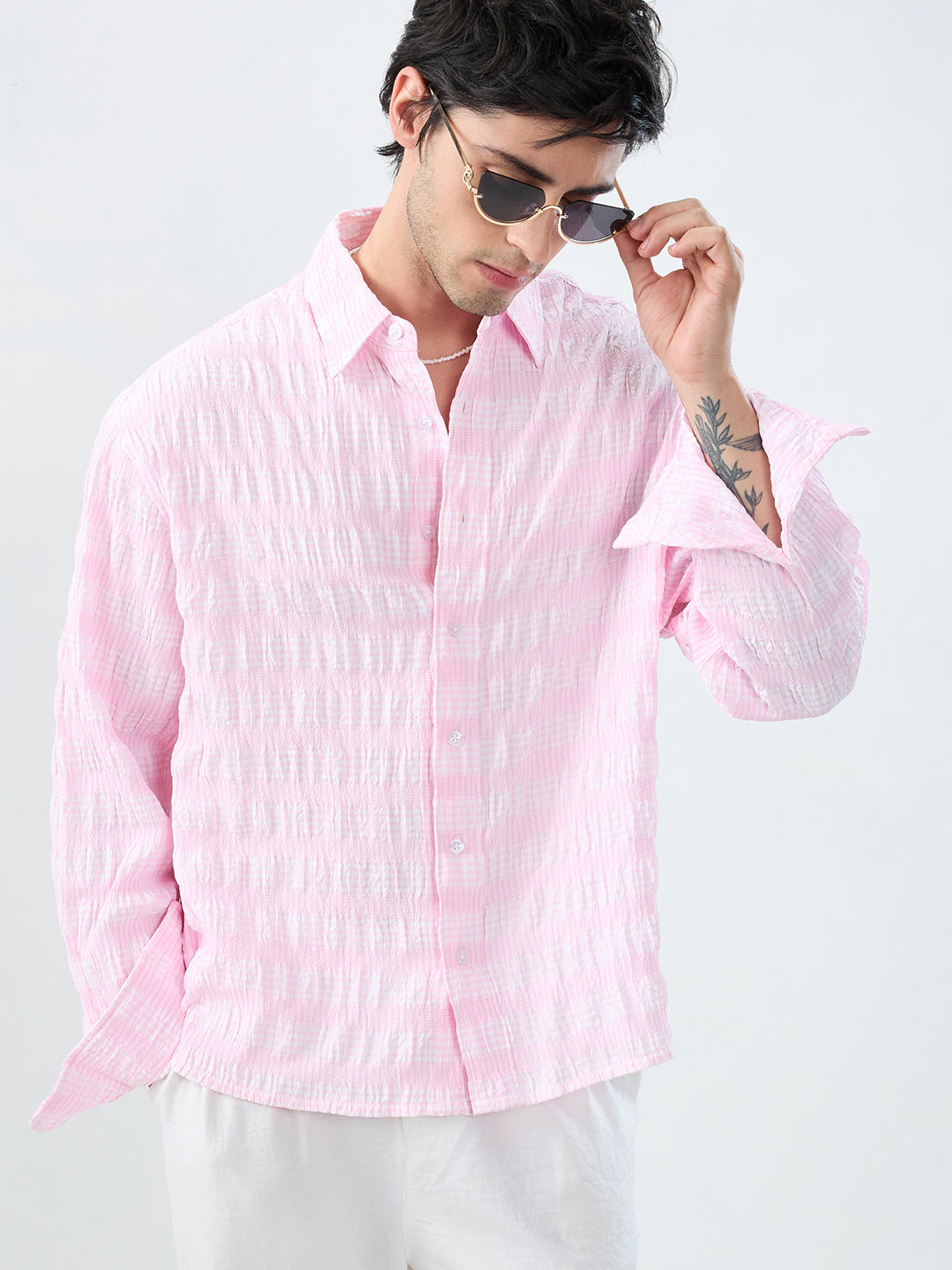 Blush Pink & White Seersucker Gingham Checks Boxy Fit Crop Shirt