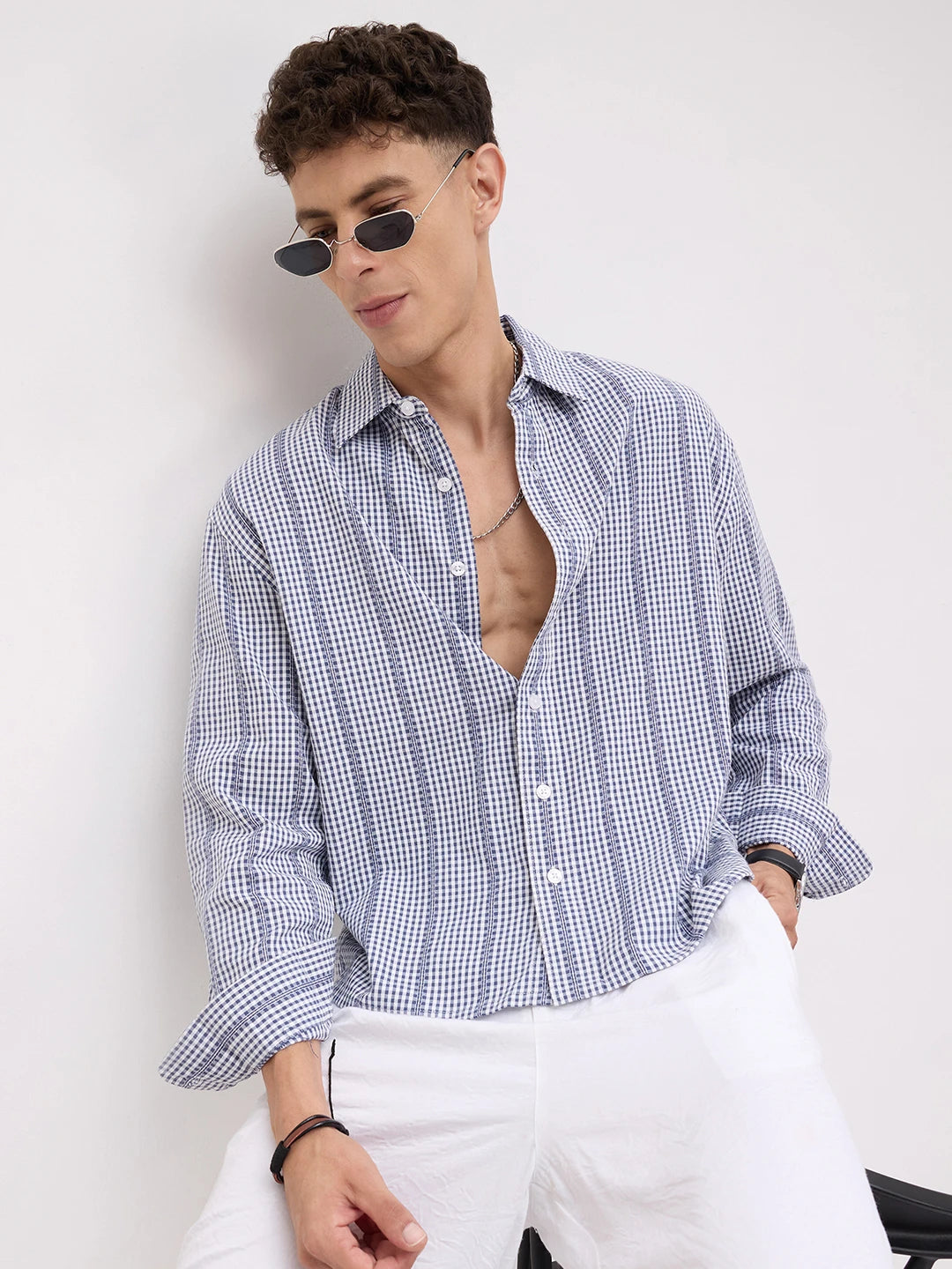 Breezy Blue Vacation Checks Boxy Fit Crop Shirt