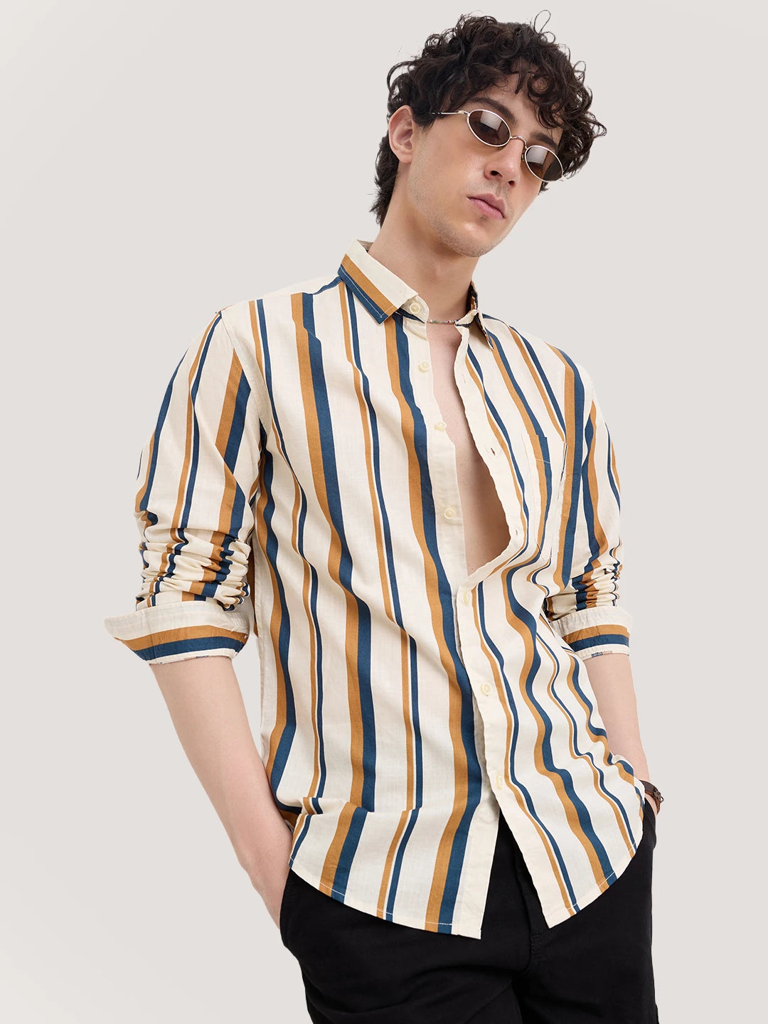 Cream & Teal Awning Stripes Shirt