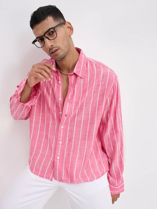 Romantic Rose Pink Striped Boxy Fit Crop Shirt