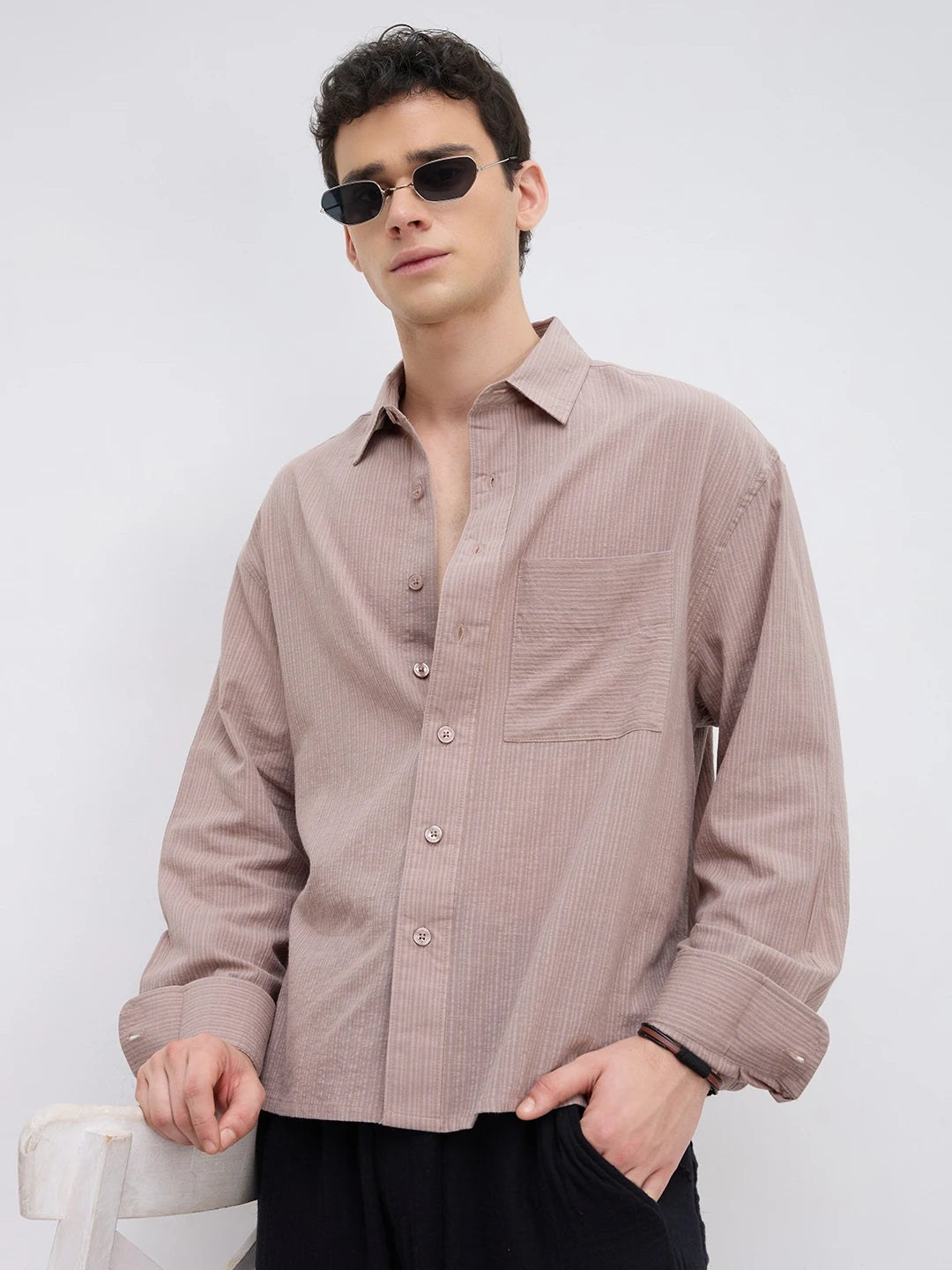 Taupe Brown Fine Striped Boxy Fit Crop Shirt