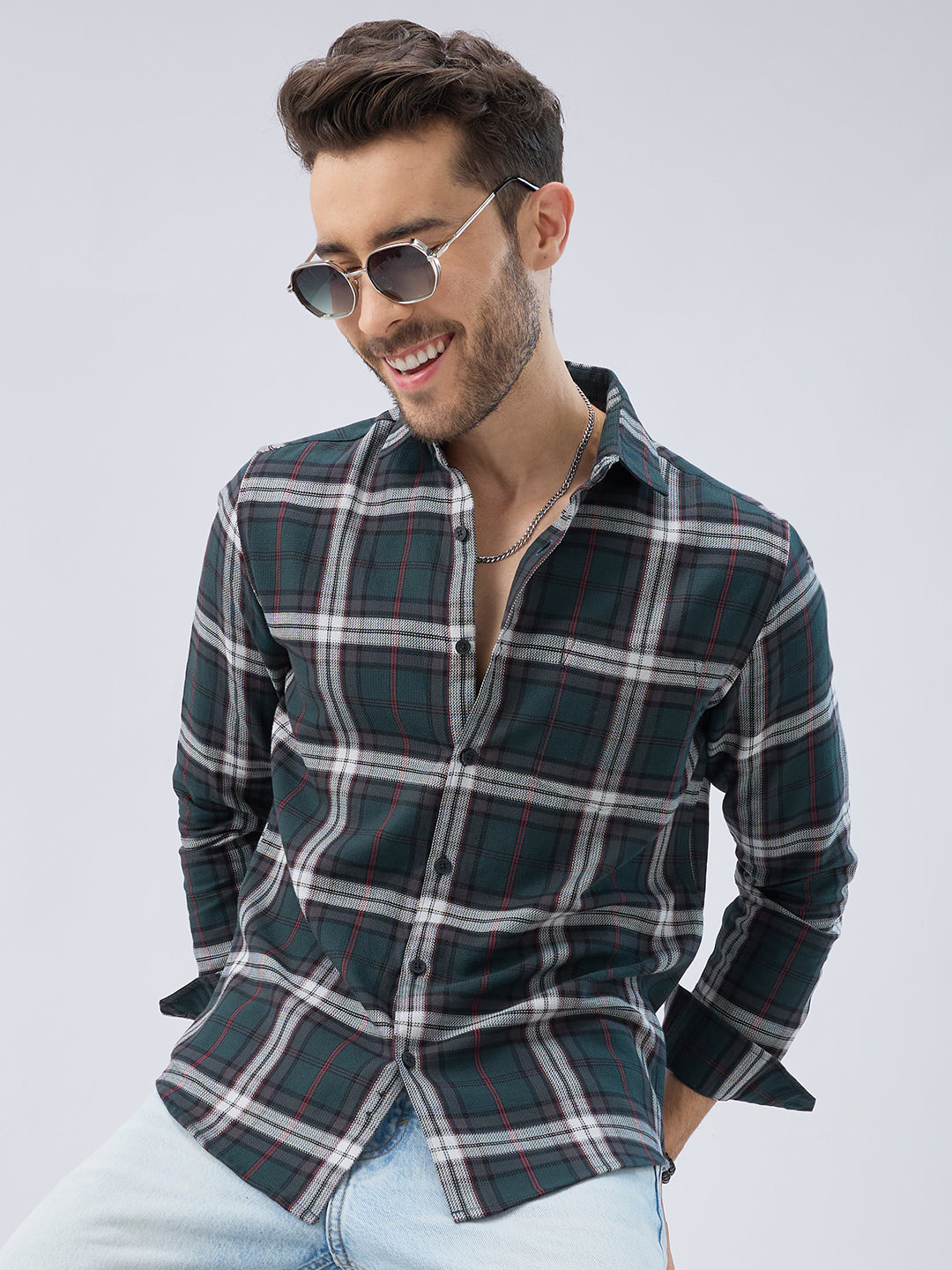 Premium Cotton Deep Forest Green Contrast Checks Shirt