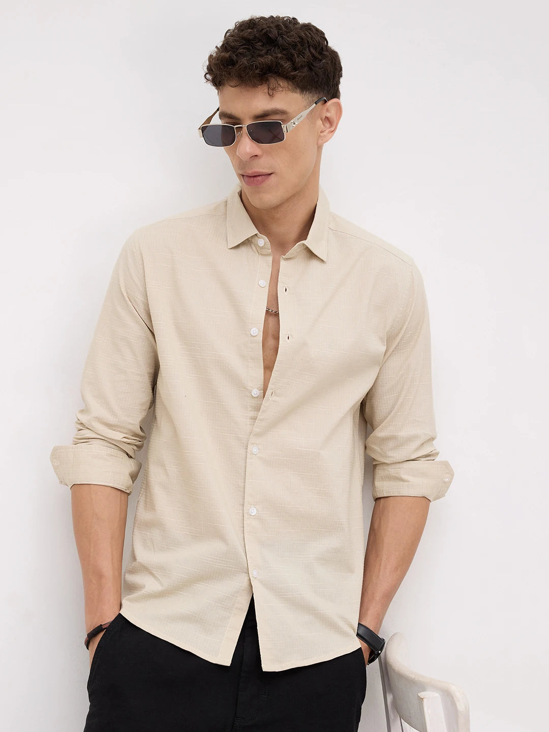Bisque Beige Micro Square Textured Shirt