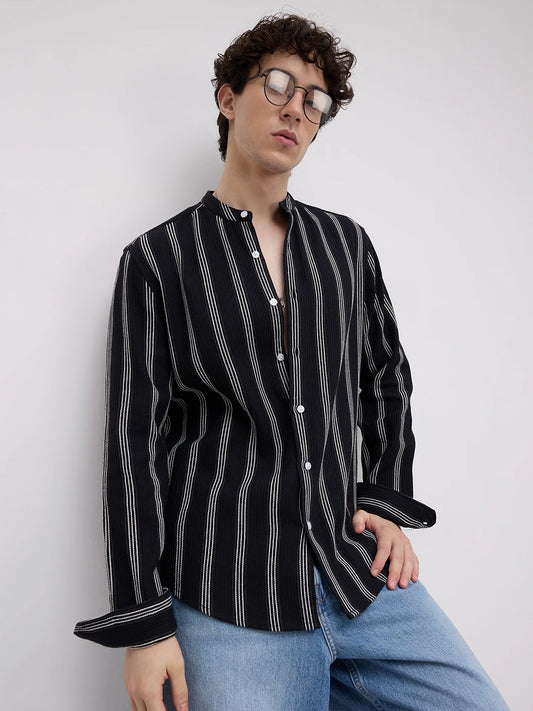 Black & White Vertical Striped Mandarin Shirt