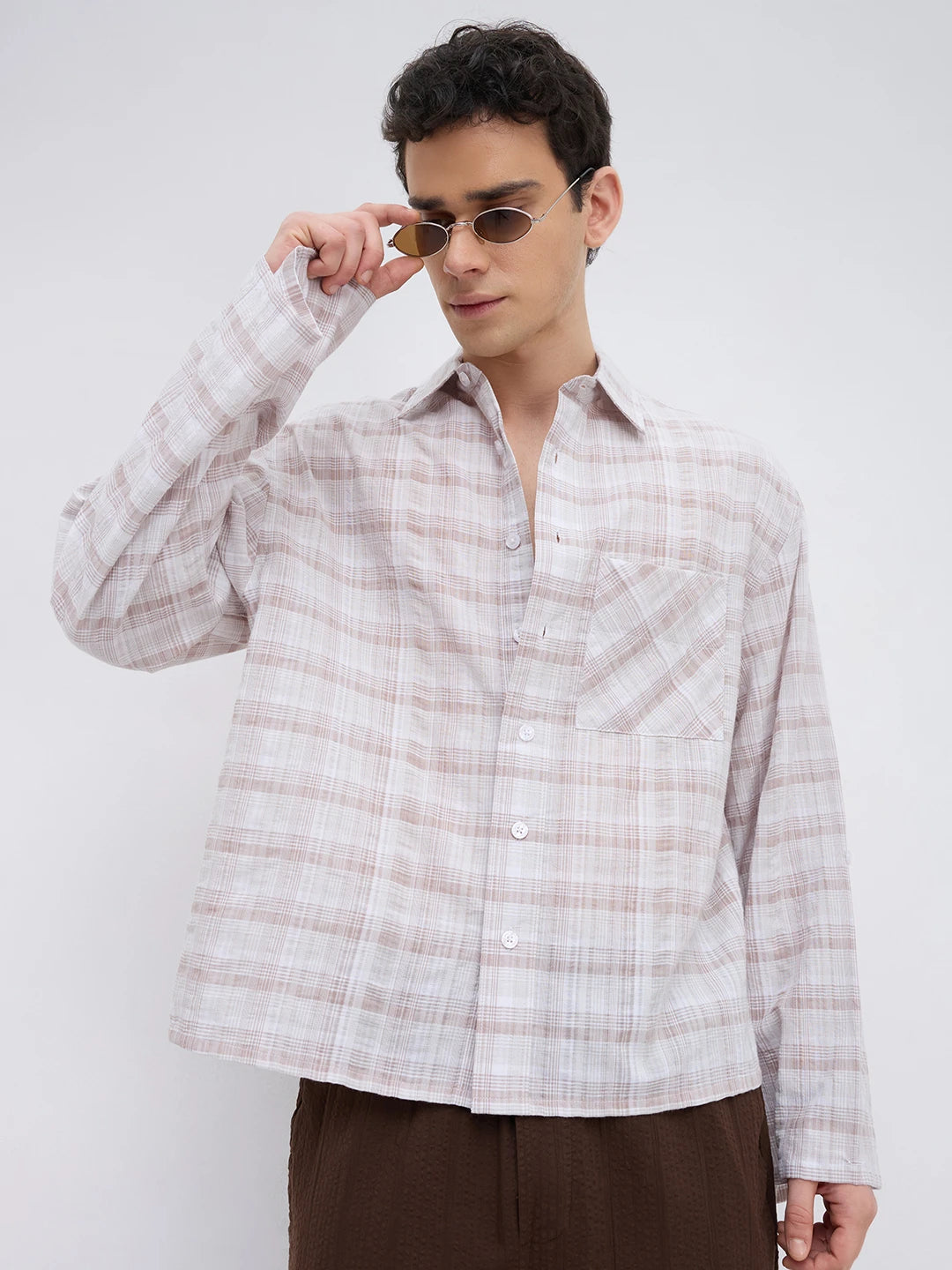 Taupe Brown Fine Checks Weave Oversized Crop Shirt