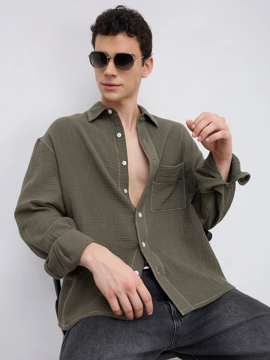 Muted Olive Contrast Stitch Double Cloth Boxy Fit Crop Shirt