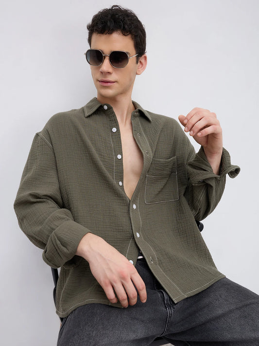 Muted Olive Contrast Stitch Double Cloth Boxy Fit Crop Shirt