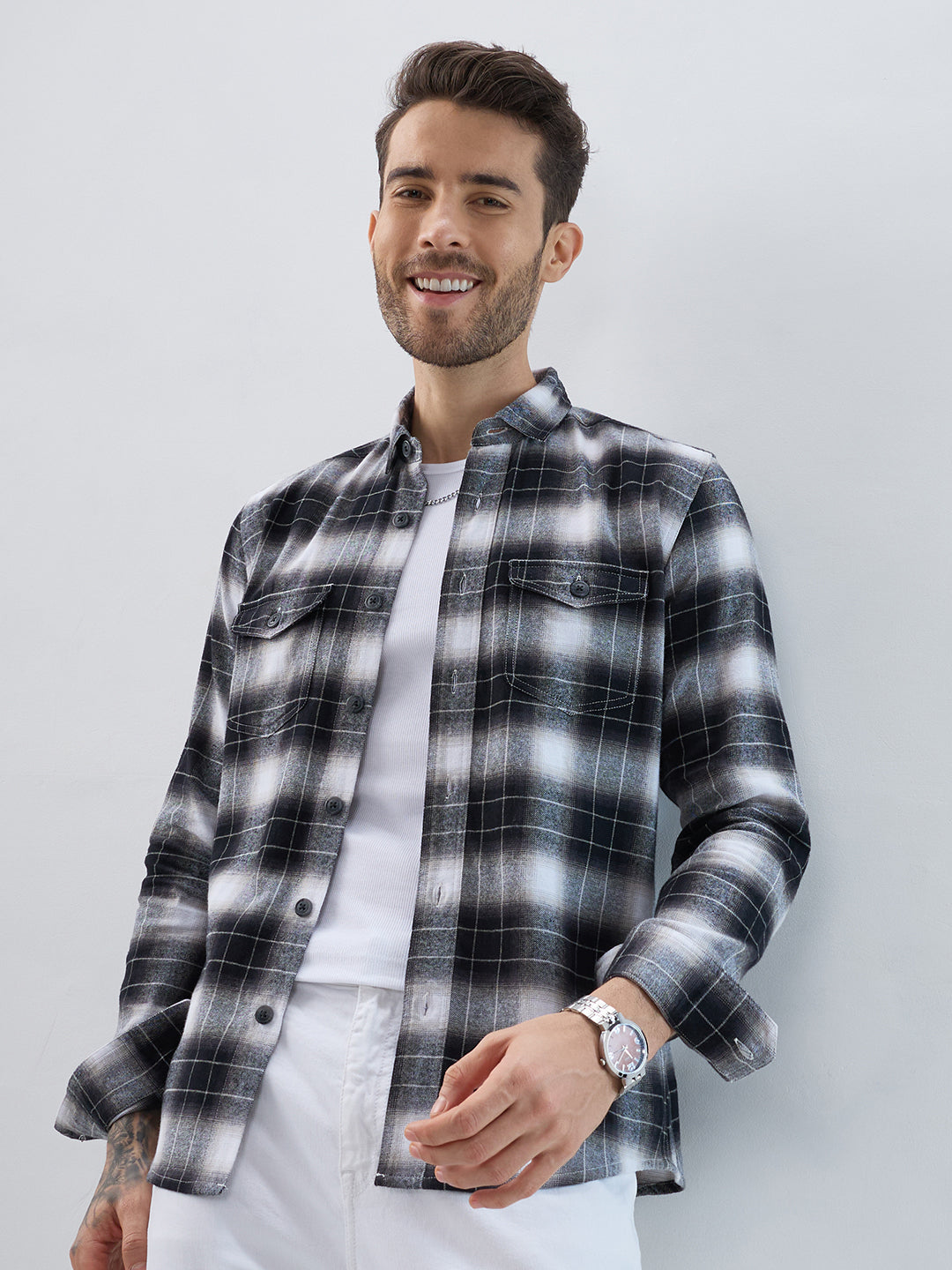 Black & Silver Mist Plaid Checks Double Pocket Flannel Shirt