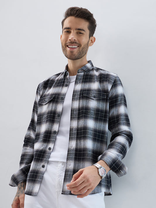 Black & Silver Mist Plaid Checks Double Pocket Flannel Shirt