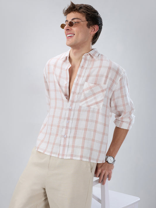 Blush Pink Box Checks Boxy Fit Crop Shirt