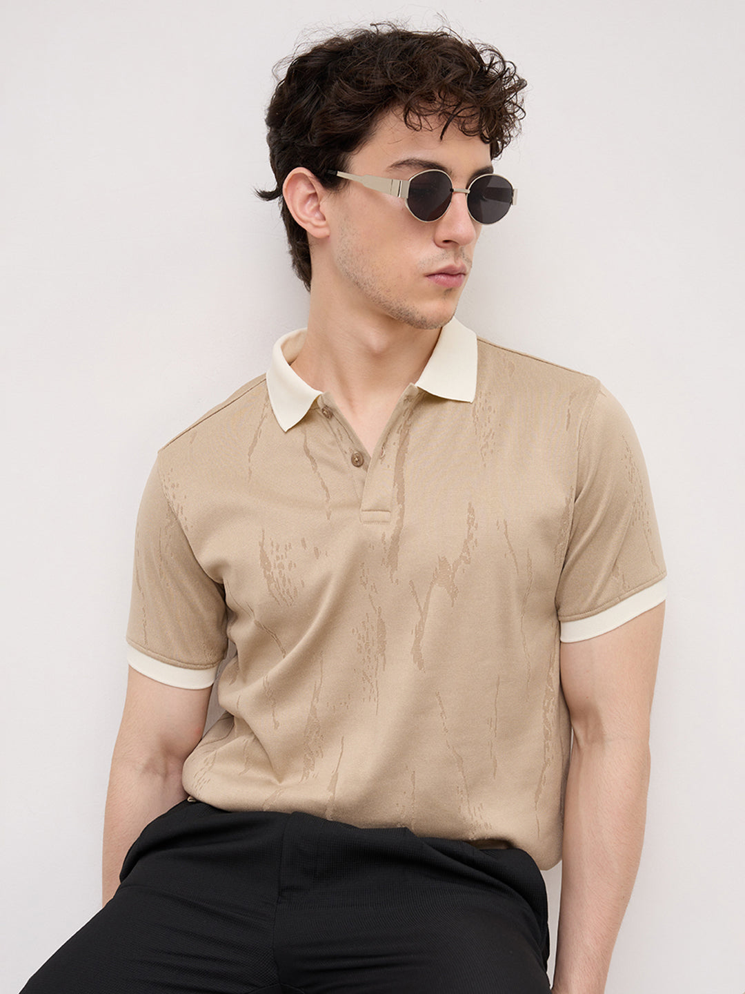 Intricate Beige Textured Contrast Polo Knit T-Shirt