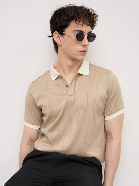 Intricate Beige Textured Contrast Polo Knit T-Shirt