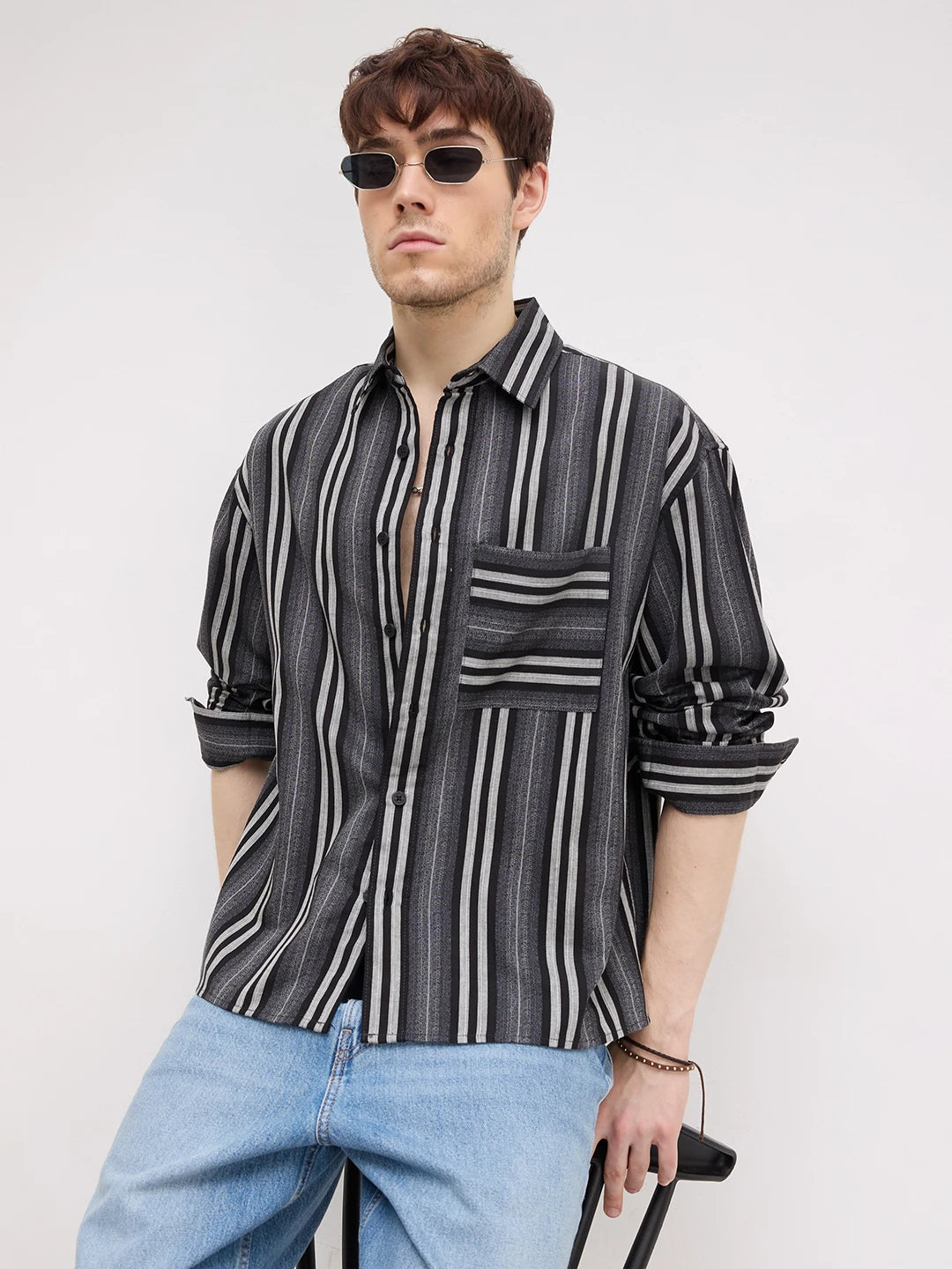 Artisan Monochrome Striped Boxy Fit Crop Shirt