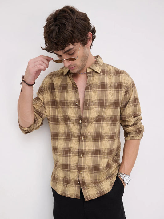 Brown Seersucker Checkered Shirt