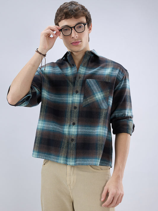 Multicolor Plaid Checked Boxy Fit Crop Flannel Shirt