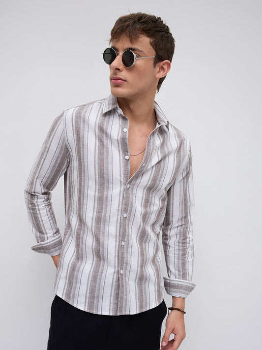 Saddle Brown & White Fine Striped Linen Blend Shirt