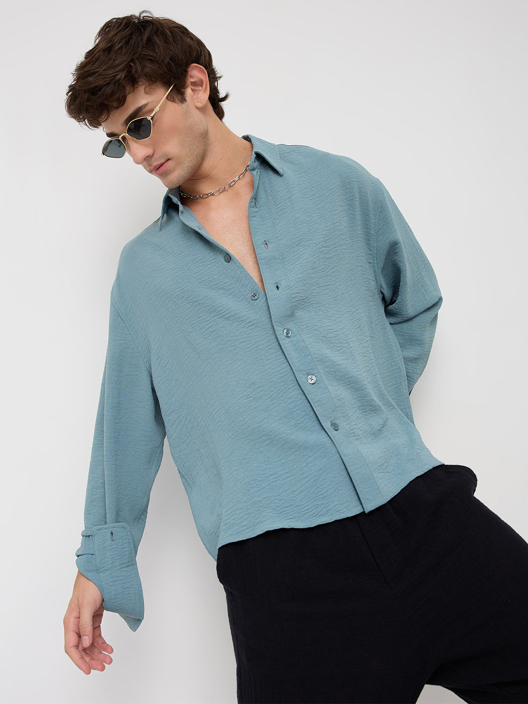 Plush AirForce Blue Lightweight Crinkled Boxy Fit Crop Shirt