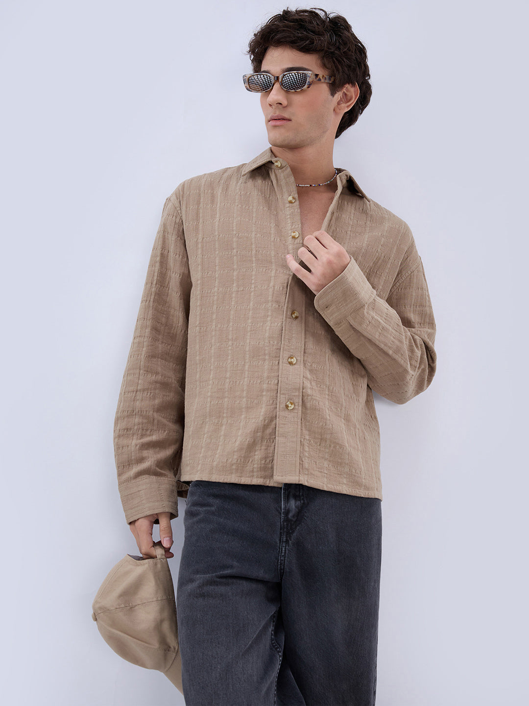 Khaki Grid Textured Story Boxy Fit Crop Shirt