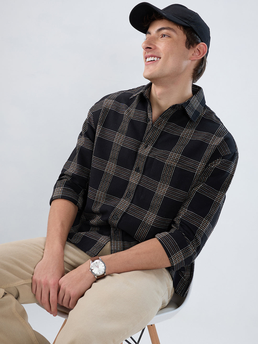 Black & Brown Contrast Panel Checks Boxy Fit Crop Shirt